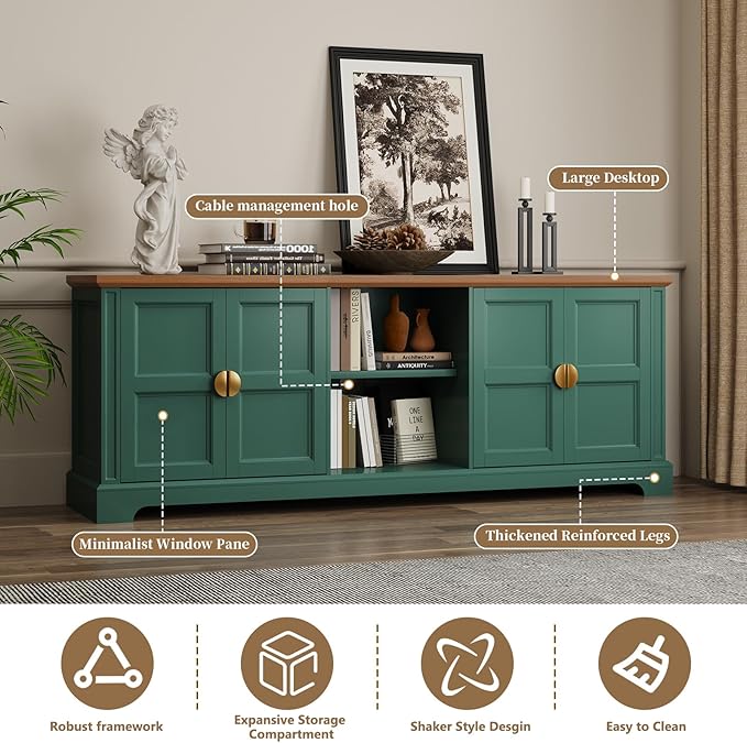 HLR 67” Modern TV Stand for TVs up to 75+ inch, Shaker Style Television Console Table, Entertainment Center with Storage Cabinets, Wood Media Furniture for Living Room,Bedroom, Green