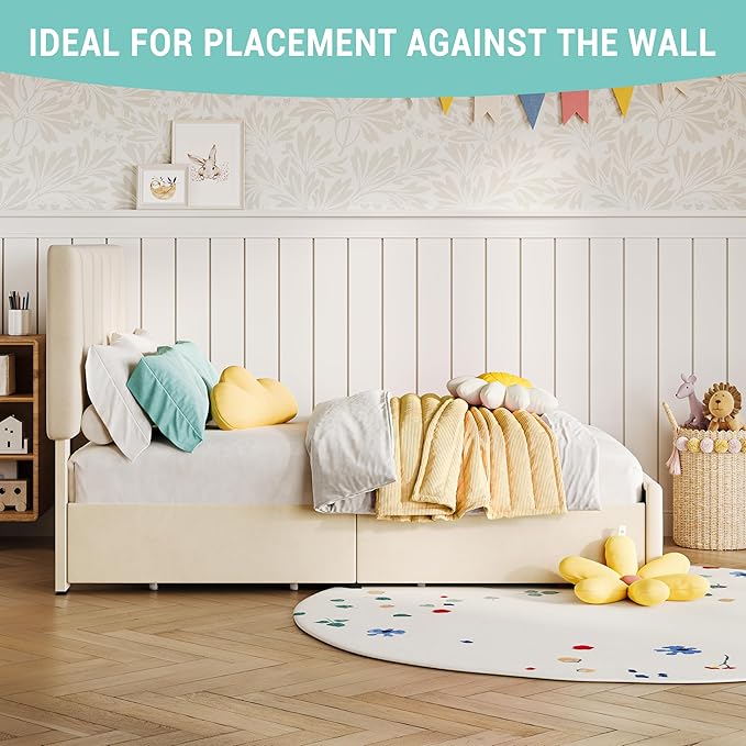 Twin Size Bed Frame with Adjustable Headboard and 2 Storage Drawers, Velvet Upholstered Tufted Twin Platform Bed Frames with Wooden Slats Support, Bedframe No Box Spring Needed, Beige/Cream