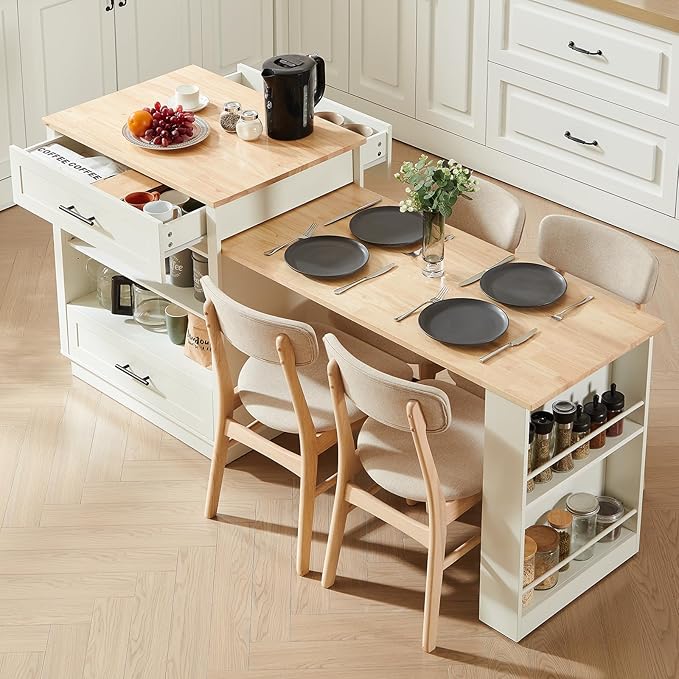 76" Kitchen Islands with Extendable Dining Table, 2-6 Island Table for Kitchen, Mobile Kitchen Table with Double-Side Storage, Kitchen Island on Wheels with Power Outlet & Spice Rack, White