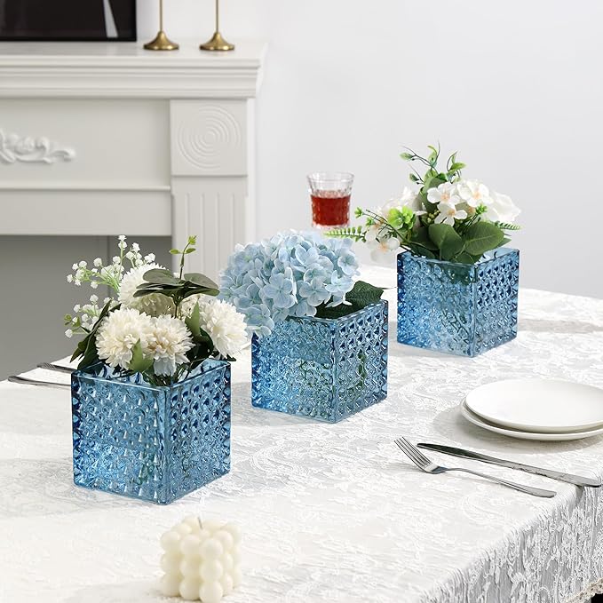 Square Vases Set of 6, 5" x 5" x 5" Square Glass Vases for Flowers, Blue Flower Vase for Centerpieces, Small Bubble Vase for Wedding, Party, Home, Office, Parties, Events