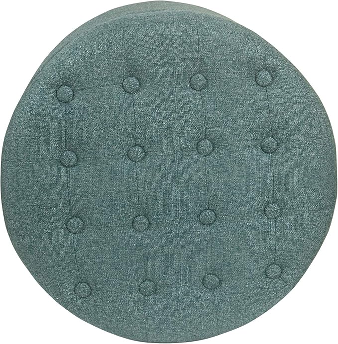 HomePop by Kinfine Fabric Upholstered Round Storage Ottoman - Button Tufted Ottoman with Removable Lid, Teal Woven