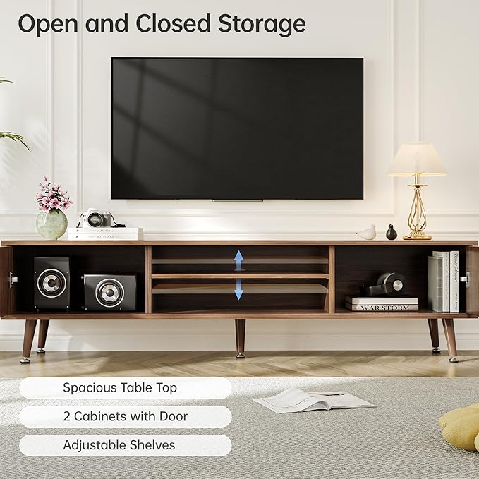 Mid Century TV Stand, Modern TV Console for TVs up to 70 Inches, Entertainment Center with Storage, TV and Media Consol, 62 Inch (Walnut)