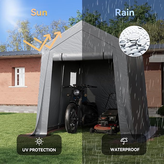 Aoxun 6x8x7 FT Outdoor Portable Storage Shed Tent with Roll-up Zipper Door and Window Portable Carport with Waterproof Tarp Galvanized Steel for Motorcycle, Generator, Bike Storage (Gray)