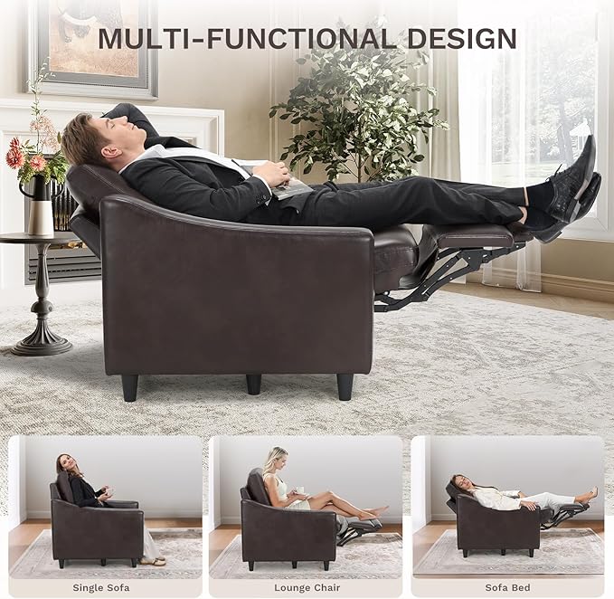 COLAMY Pushback Electric Recliner Chair Set of 2, Premium Leather Upholstery with Adjustable Angles, Extra Lumbar Pillow, Built-in Charging Port, Business-Casual Style for Living Room,Brown