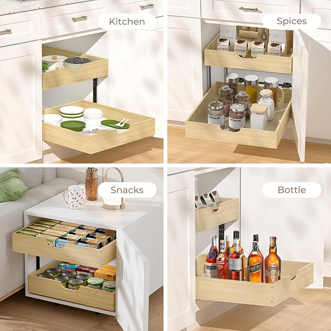 COOLBEBE Pull Out Cabinet Organizer, 2 Tier Soft Close Pull Out Drawers for Cabinets, 20" W x 21" D Wood Cabinet Drawers Slide out, Pull Out Shelves in Kitchen, Pantry, Bathroom