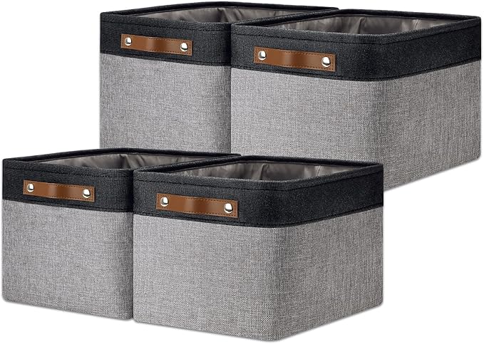DULLEMELO Canvas Storage Bin with Handles, Fabric Bins for Shelves, Bedroom, Office,Nursery,Fabric Storage Baskets for Toys, Clothes,Gift(Black&Grey,15"x11"x9.5",4-Pack)