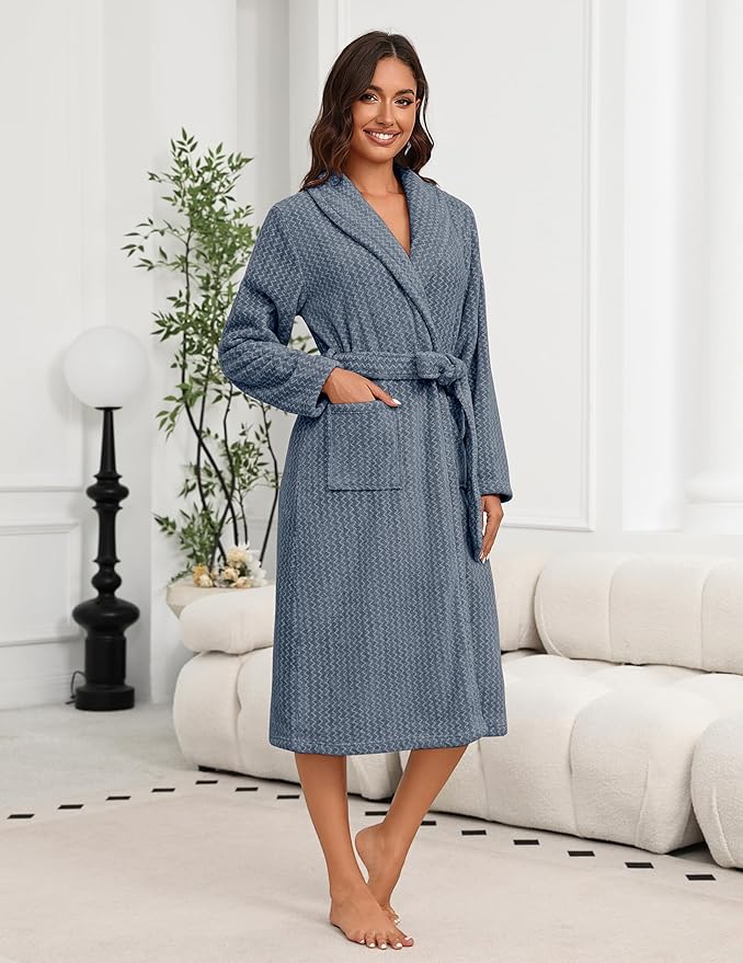 Ekouaer Women's Robe Plush Soft Long Bathrobe Cozy Warm Shawl Collar Spa Robe with Pockets