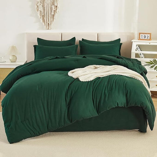 Litanika Super King Comforter Sets Emerald Green - 7 Pieces Bed in a Bag Oversized King Bedding Comforter Sets, Solid Lightweight Bed Set with Comforter, Sheets, Pillowcases & Shams