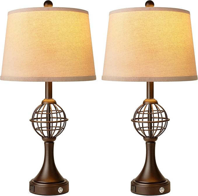 Table Lamps for Living Room Set of 2, Farmhouse Touch Lamps for Nightstand with USB A+C, 26.5" Rustic Bedside Lamp for Bedroom End Tables