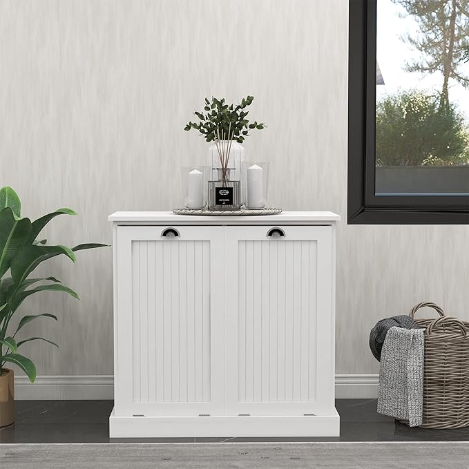 Tilt Out Laundry Hamper with Removable Basket, Hidden Laundry Hamper, Wood Bathroom Storage, Free Standing Home Organizer, White, LOC005