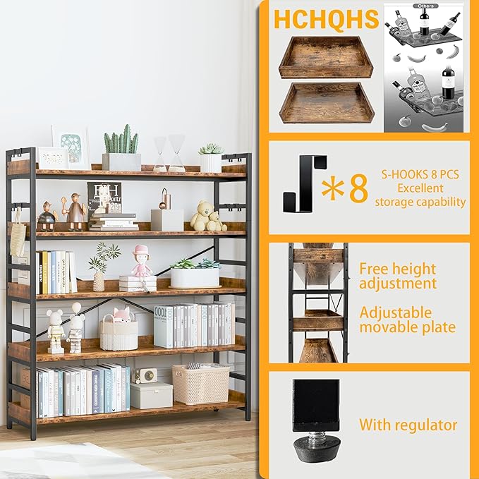 HCHQHS 5 Tier Bookshelf, Adjustable Industrial Bookcase, Vertical Tall Book Shelf, Wood and Black Metal Open Bookshelves for Home Office, Living Room, Bedroom