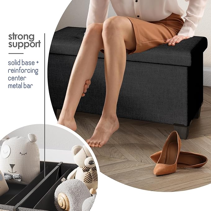 STORAGEBUD Storage Ottoman Bench with Bins, 30-in Storage Bench for Bedroom End of Bed, Folding Foot Rest Ottoman for Living Room Max 660lbs, Fabric Ottomans, Black