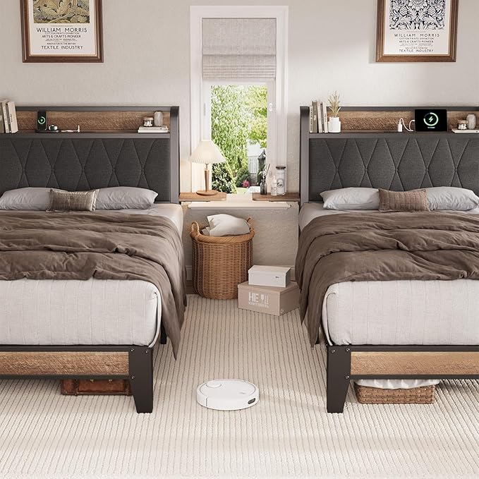 Twin Size Bed Frame with Side Storage Shelf, Ergonomic Upholstered Headboard with Charging Station, Twin Platform Bed Frame, Metal Slats Support, No Box Spring Needed, Easy Assembly, Black