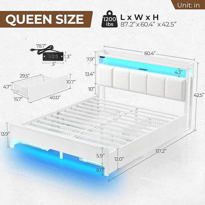 Rolanstar Bed Frame Queen Size with Charging Station and LED Lights, Upholstered Storage Headboard with Drawers, Heavy Duty Metal Slats, No Box Spring Needed, Noise Free, Easy Assembly, White