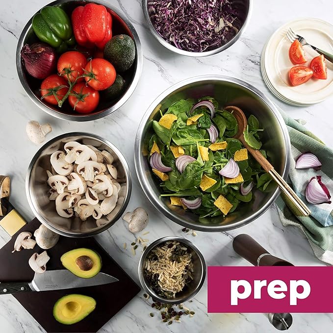 Stainless Steel Mixing Bowl Set, Nesting Bowls for Kitchen Baking, Cooking, Prepping, Kitchen Food Storage Organizers, No Lids (5 Pack)