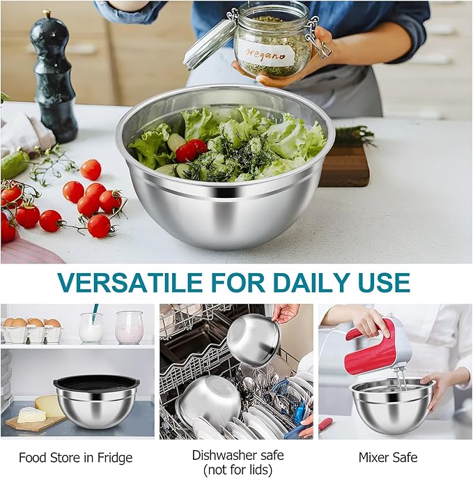 TeamFar Mixing Bowls, 4.6/3 / 1.5 QT, Stainless Steel Nesting Salad Bowls with Airtight Lids Set, For Serving/Mixing/Storing, Healthy & Long-lasting, Dishwasher Safe & Easy Clean, Black