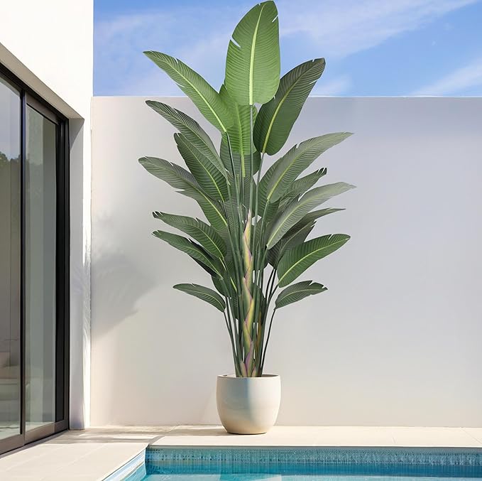 9FT Artificial Bird of Paradise Tree 106 Inch Large Faux Silk Plants Banana Leaf with 25 Trunks in Black Pot for Home Decor Living Room Office Bedroom