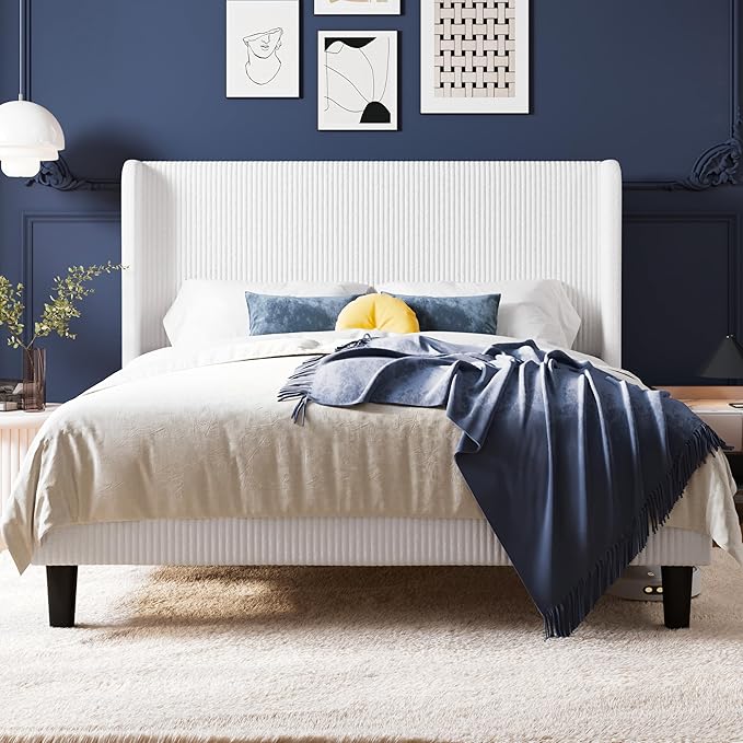 Allewie Full Size Bed Frame with Upholstered Wingback Headboard, Vertical Channel Tufted Corduroy Velvet Platform Bed, Strong Wooden Slats Support, No Box Spring Needed, Easy Assembly, Sturdy, White