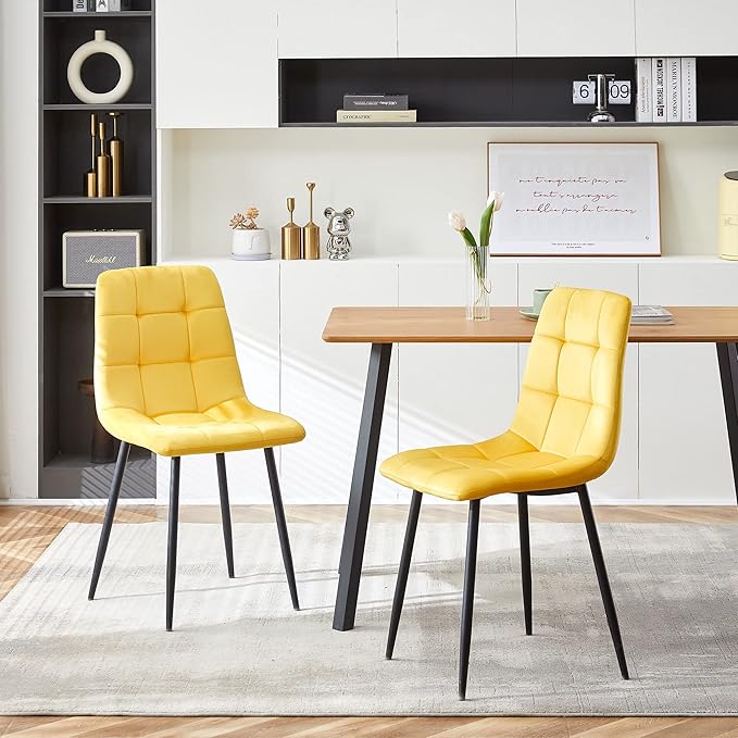 Modern Dining Chair Velvet Set of 4,Upholstered Living Room Chair with No Arms Side Chair High-Back Space Savining Accent Chair with Metal Legs for Dining Room,Living Room, Yellow