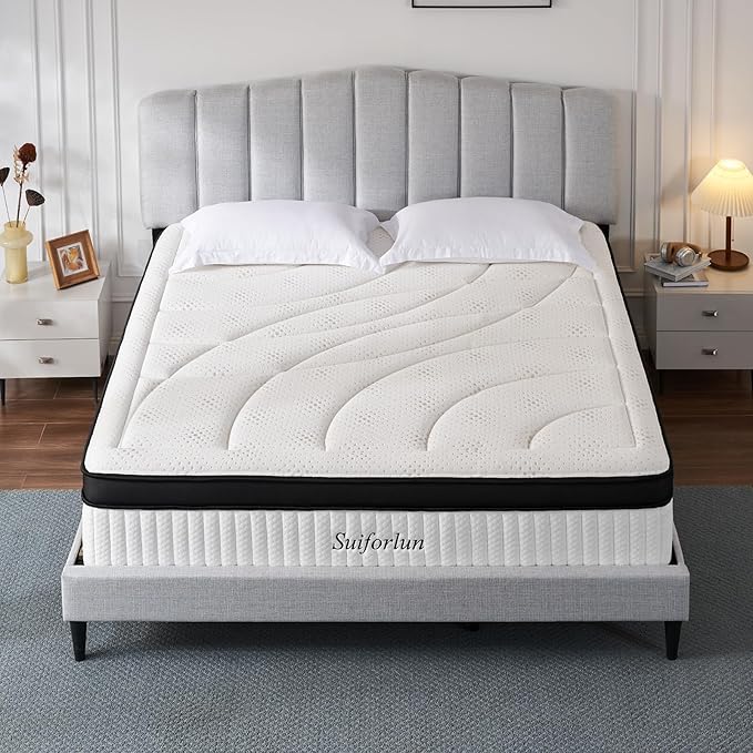 Suiforlun Queen Mattress, 14 Inch Hybrid Mattress Queen, Gel Memory Foam and Heavier Coil Pocket Spring for Lumbar Support & Back Pain Relief, Medium-Firm, 120 Nights Trial