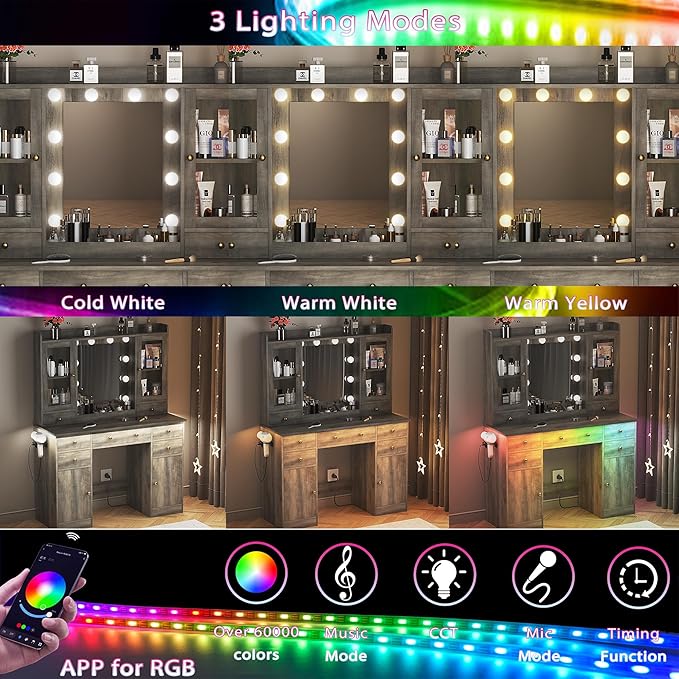 Vanity Desk with Mirror and Lights, Grey Vanity Mirror with Lights Desk and Chair & Charging Station, Farmhouse Makeup Vanity Desk with Lighted Mirror for Women Bedroom 3 Color Modes Adjustable