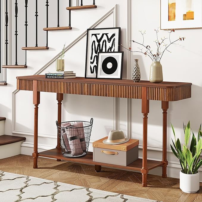 63”Console Table with 2 Drawers,Retro Entryway Table with Fluted Panel & Storage Shelf,Narrow Long Behind Couch Tables Accent Sofa Table with Solid Wood Legs for Living Room Foyer Hallway(Walnut)