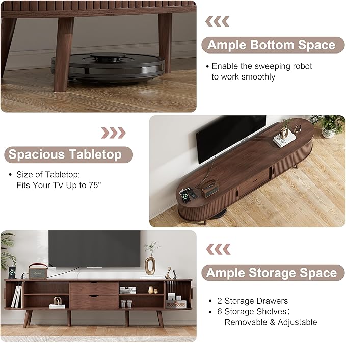 Alohappy 69" Mid Century Modern TV Stand with Charging Station, Farmhouse Curved Edge TV and Media Console Table with Drawer and Shelf, Fluted Entertainment Center for Living Room, Bedroom, Walnut