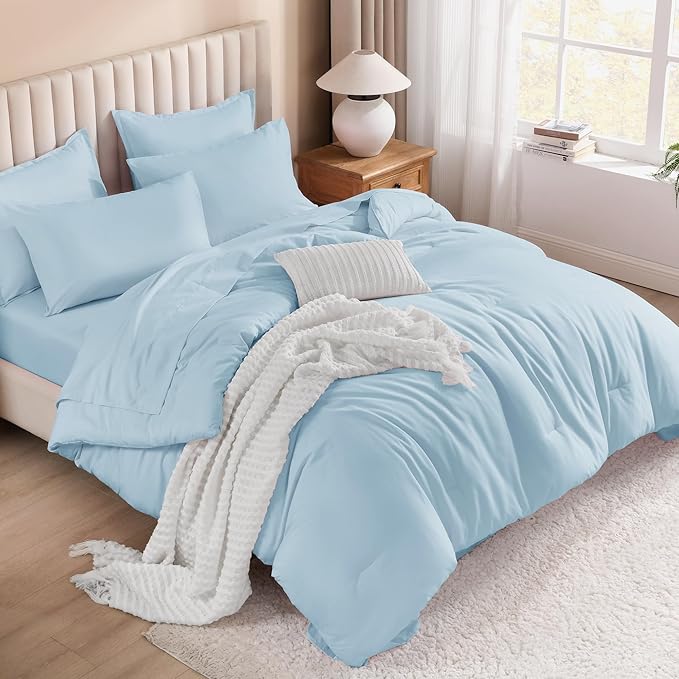 Litanika Comforter King Size Set Light Blue - 7 Pieces Bed in a Bag King Bedding Comforter Sets, Plain Lightweight Bed Set with Comforter, Sheets, Pillowcases & Shams