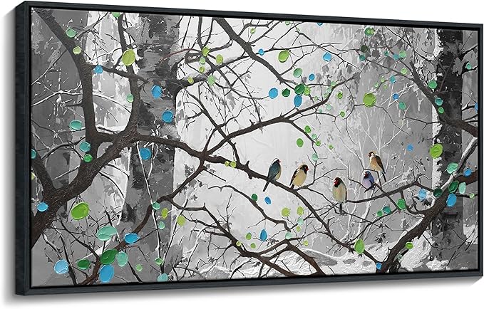 Grey Wall Art Bird on Branch Misty Forest Canvas Artwork Modern Framed Canvas Painting Decorative Wall Art Home Decor Can Be Hung Directly Dining Room Living Room Bedroom Office Size 29x58 Inches