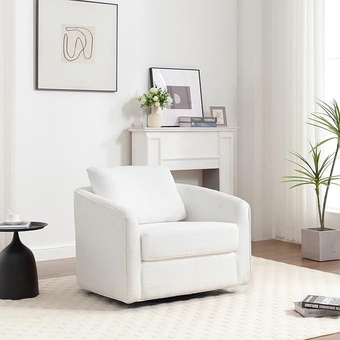 MINCETA Accent Chairs,Oversized 360 Swivel Armchair(Seat Area:25.6" D x 26.8" W),Modern Comfy Reading Chairs for Living Room with Metal Base,Sherpa Teddy in White
