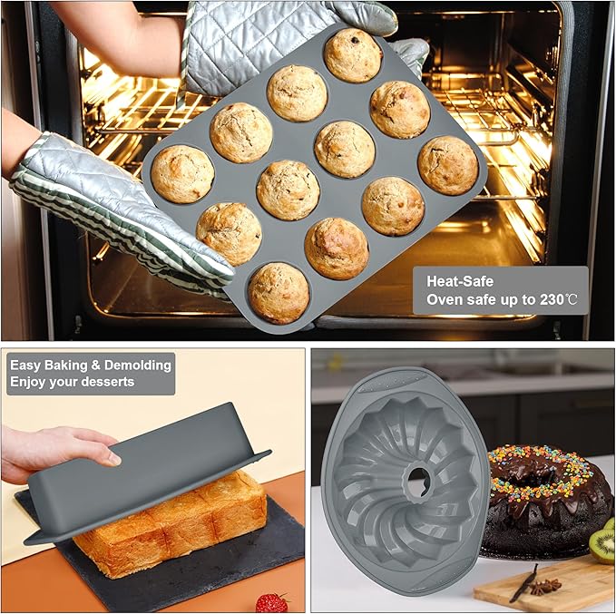 9in1 Nonstick Silicone Baking Bundt Cake Pan Cookie Sheet Molds Tray Heat Resistant Bakeware Tools Kit for Muffin Loaf Bread Pizza CupcakeUtensil
