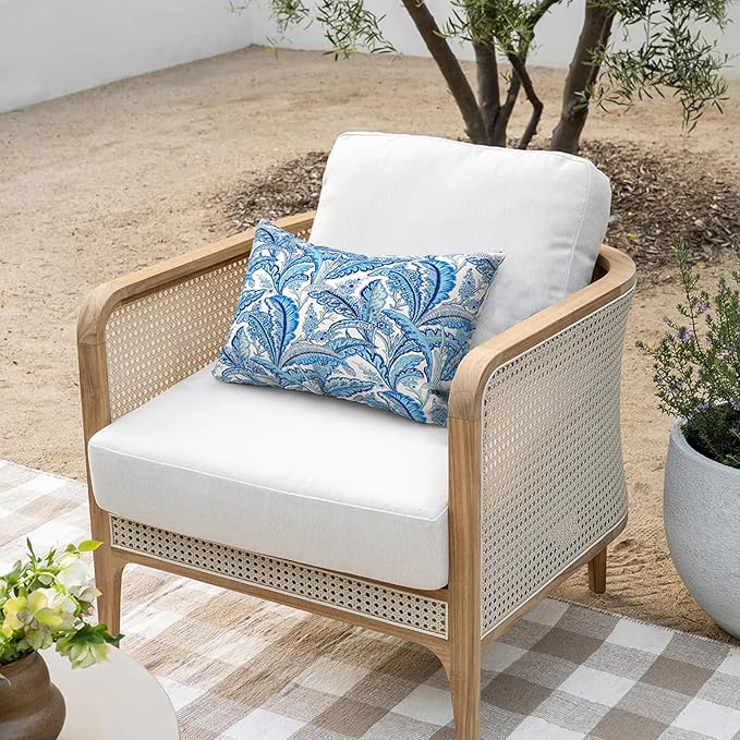 Outdoor/Indoor Lumbar Pillows, Water Repellent Cushion Pillows, 12x20 Inch, Outdoor Pillows with Inserts for Home Garden, Pack of 2, Monotone Leaves Blue