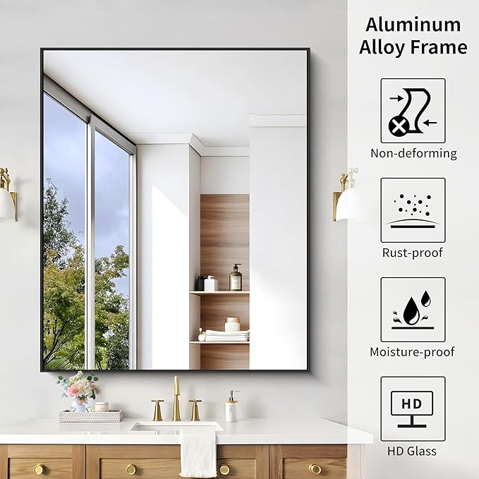 KOCUUY Black Bathroom Mirror, 40"x48" Large Rectangular Mirror with Metal Frame, Black Vanity Mirror with Modern Design for Bathroom, Living Room, Entryway, Hang Horizontal/Vertical