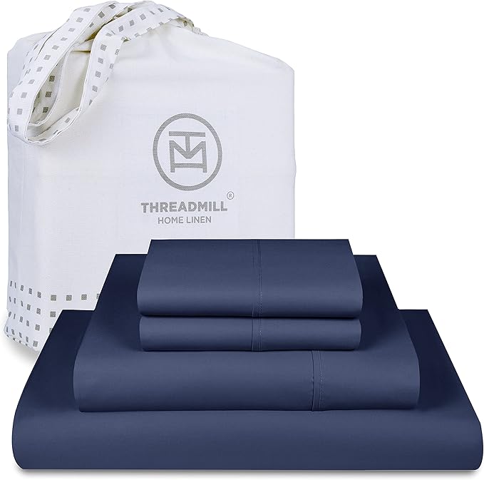 Threadmill Luxury 800 Thread Count Queen 100% Cotton Sheets - Folkstone Blue Sateen Weave Bed-Sheets, Better Than Egyptian Cotton,4 Pc Solid Soft Bed Set, Fits 16" Deep Pocket