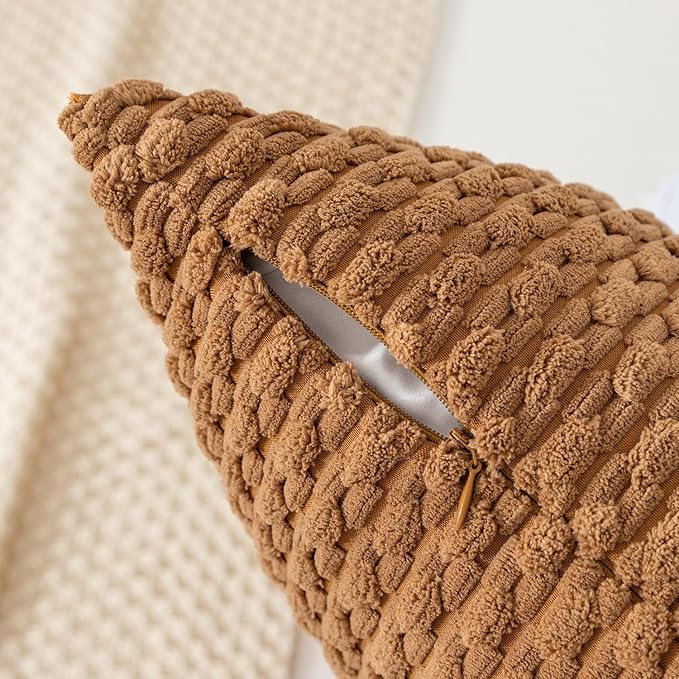 Kevin Textile Throw Pillow Covers Soft Corduroy Decorative Set of 2 Boho Striped Pillow Covers Pillowcases Farmhouse Home Decor for Couch Bed Sofa Living Room 20x20 Inch Khaki