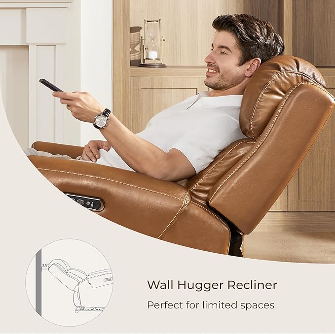 CHITA Genuine Leather Power Recliner Chair for Adults, Electric Wall Hugger Recliner with Adjustable Power Headrest & USB/Type-C Ports, Compact for Small Spaces & Living Rooms, Saddle Brown