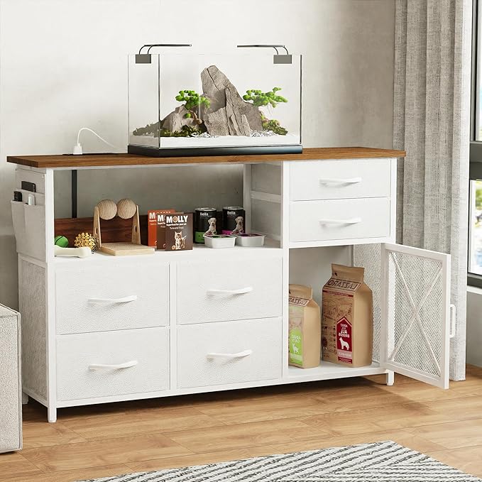 Dresser for Bedroom with LED Lights, TV Stand with Charging Station for 50 inch TV, 6 Drawers Chest with Door and Side Storage, Wide Metal Dresser Table for Living Room, White and Brown