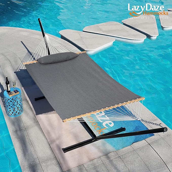 Lazy Daze 12 FT Sunbrella Fabric Hammock not Fading with Spreader Bars and Free Pillow Fits for Two Persons, All Weather and Fade Resistant for Patio Yard, 450 lbs Weight Capacity,Cast Slate