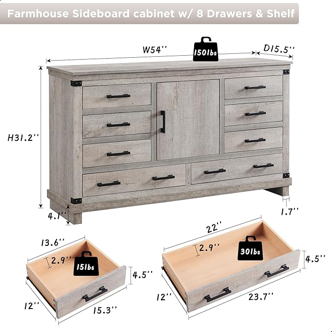 RedLemon Farmhouse 8 Drawers Dresser for Bedroom, Wood Large Chest of Drawers with Thick Plank, Rustic Dresser for Bedroom, Living Room, Light Rustic Oak