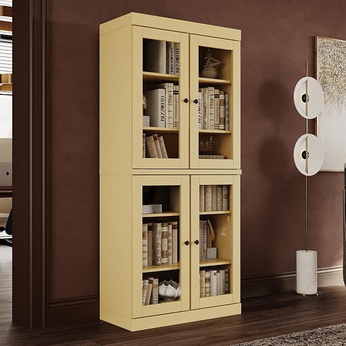 Palace Imports Solid Wood Bookcase - 6-Tier Tall Bookshelf, 71.5” H x 32” W - Yellow, Clear Glass Cabinet Doors & Adjustable Shelves for Living Room, 100% Renewable Eco-Friendly Wood, Made in Brazil