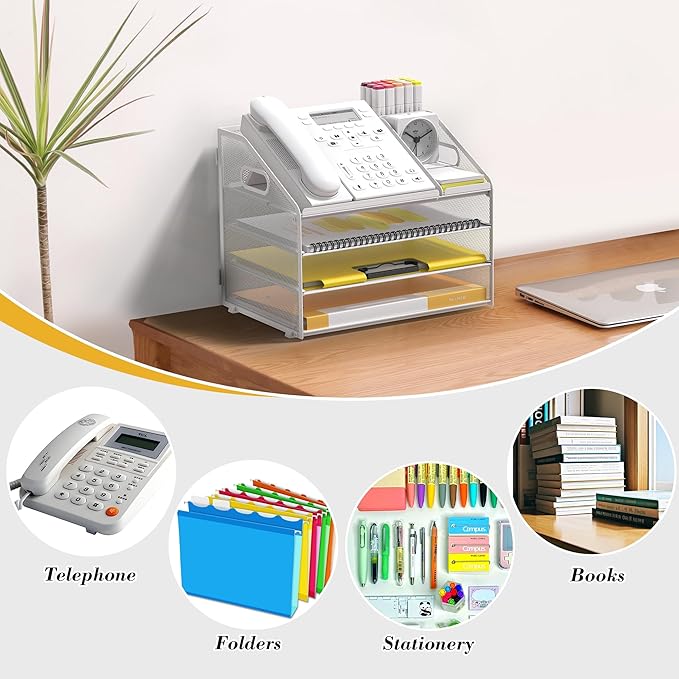 Letter Tray Paper, 4 Tier Desk Organizer with Pen Holder and Handle, Mesh File Organizer Paper Sorter Metal Desktop Document Shelf for Office Home Classroom - White