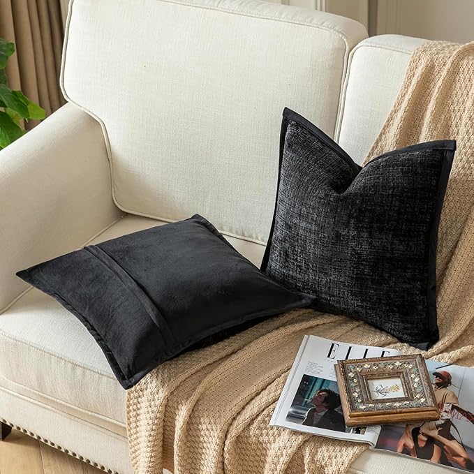 Yaertun Pack of 2 Chenille Textured Decorative Throw Pillow Covers Accent Solid Cushion Cover Soft Cozy Pillow Case with Velvet Back for Couch Sofa Bed Living Room 16x24 Inch Black