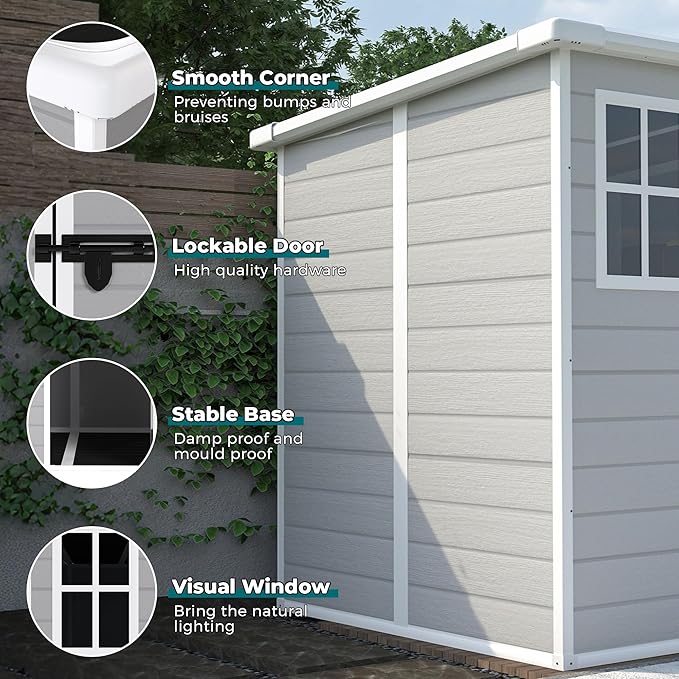 6x6 FT Outdoor Storage Resin Shed with Floor, Plastic Garden Tool Shed with Sloped Roof, Lockable Door & Windows, Easy to Assemble Bike Shed for Lawn, Backyard, Patio, White