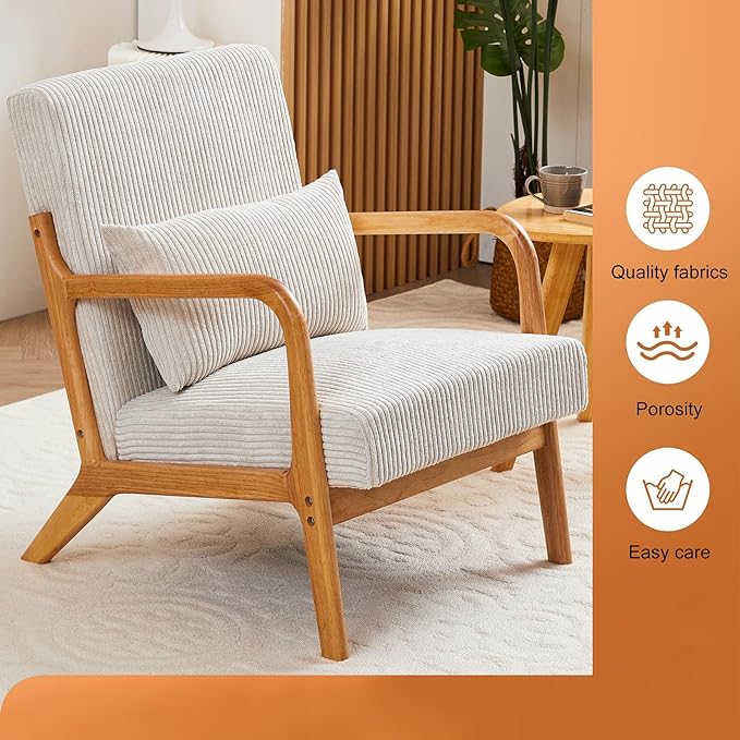 IKIFLY Upholstered Accent Chair Set of 2, Mid Century Modern Living Room Chair with Solid Wood Frame, Reading Arm Chair with Pillow & Lumbar Cushion for Office, Reading Room, Bedroom - Beige