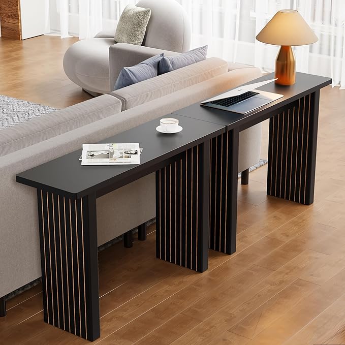 Fluted Entryway Console Table, Wooden Rectangular Sofa Table for Entrance, Narrow Wood Entryway Small Long Entry Table for Hallway, Living Room (Black)