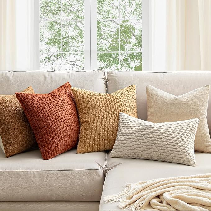 MIULEE Fall Rust Throw Pillow Covers Soft Corduroy Decorative Eruo Sham Set of 2 Boho Striped Pillow Covers Pillowcases Farmhouse Home Decor for Couch Bed Sofa Living Room 24x24 Inch