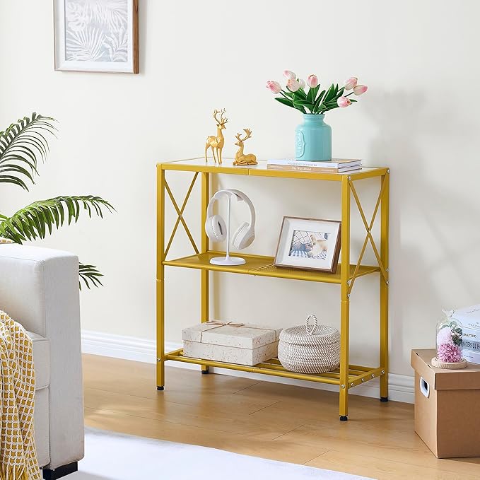 Hoctieon Industrial Console Table, 3 Tier Entryway Table, Metal Frame, Sofa Tables with Shelf, Hallway Desk, Entrance Tables for Entryway, Living Room, Foyer, Hallway, Gold and White