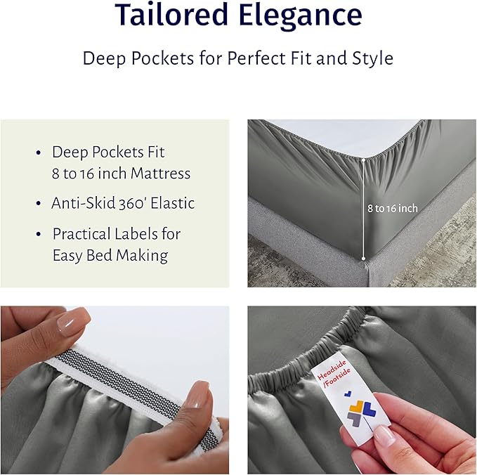 California Design Den King Size Sheets Set Cotton - Certified 100% Egyptian Cotton King Size Percale Sheets Set with Deep Pockets, Cool, Crisp & Durable Luxury Bedding - Grey