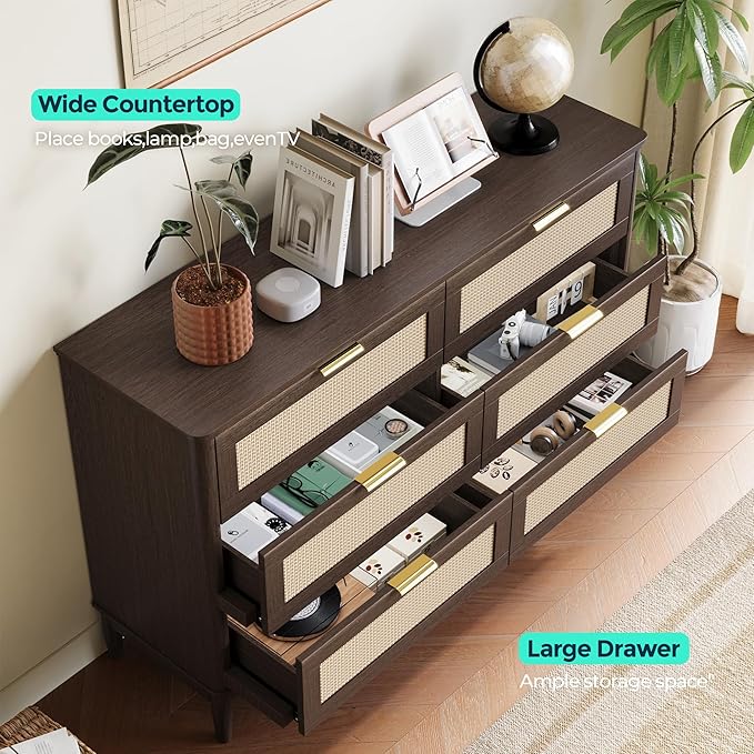 LINSY HOME Rattan Dresser for Bedroom with 6 Drawers, 47" Wide Chest of Drawers, Mid Century Modern Dresser TV Stand with Metal Handle, Wood Closet Storage Cabinet for Living Room, Hallway, Walnut