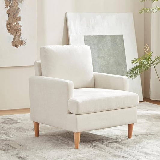 VKNOW Mid-Century Accent Chair, Modern Upholstered Chenille Armchair for Living Room,Comfy Reading Accent Chairs with Wood Legs for Bedroom, Beige
